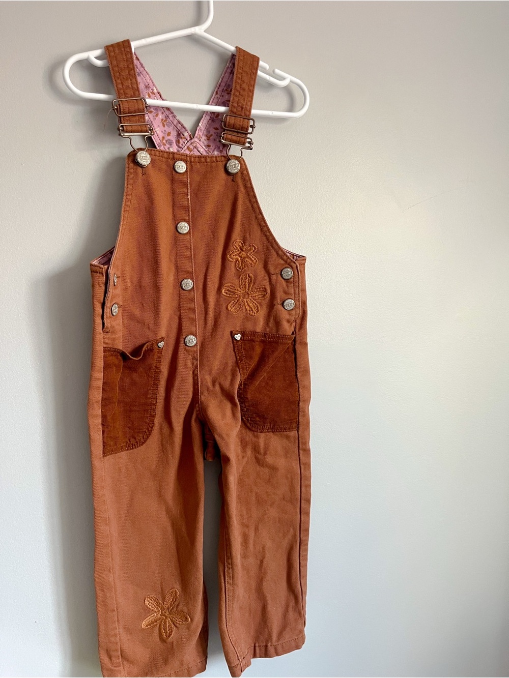 Souris Mini - brown embroidered girly overalls - size 3 - floral details